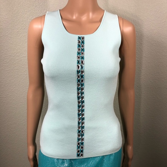 Light blue sleeveless knit top with aqua blue and clear crystals - Picture 2 of 11